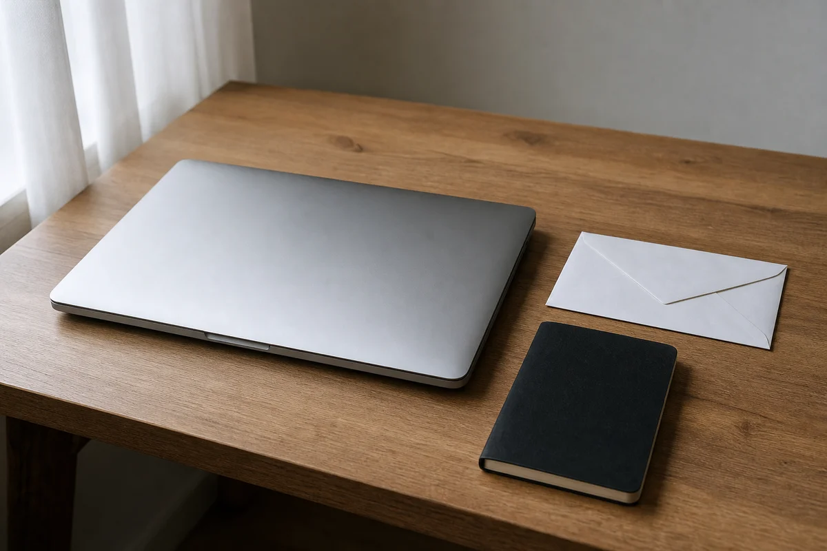 Laissez tout en l'état Un bureau calme avec un vieil ordinateur portable, des notes papier et un petit appareil matériel, laissé en l'état
