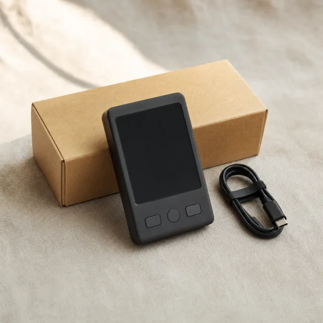 Portefeuille matériel avec boîte et câble Un portefeuille matériel à côté de sa boîte et de son câble USB sur un support en lin