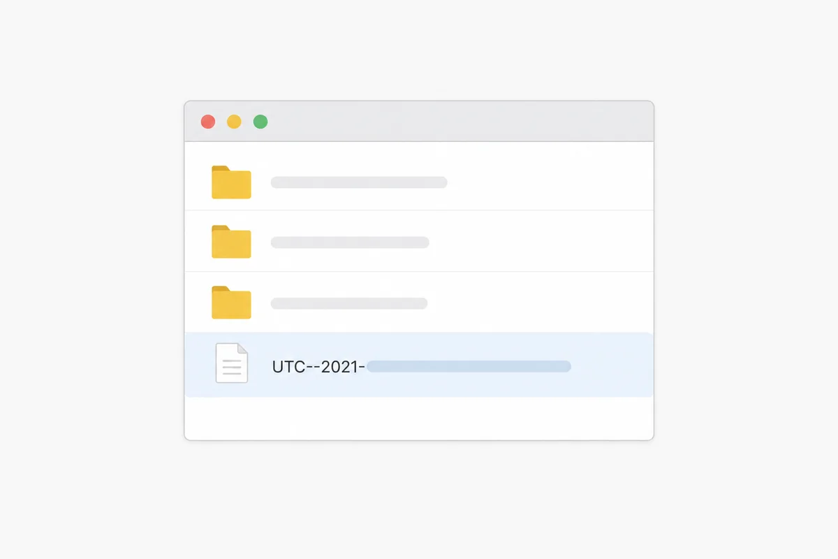 Fichier keystore Ethereum Une vue de gestionnaire de fichiers montrant un fichier keystore UTC--, un fichier de clé Ethereum chiffré